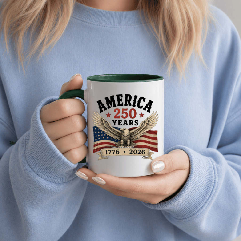Patriotic USA 250 Accent Mug – 1776-2026 Anniversary Gift for Dad Mom, Vintage 4th of July American Flag - back view